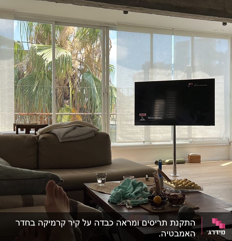 סלון עם טלוויזיה, שולחן, כלים וחפצים שונים